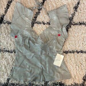 Tularosa -Revolve Sage Green Embroidered scalloped Trim Tie-Back Women's Top